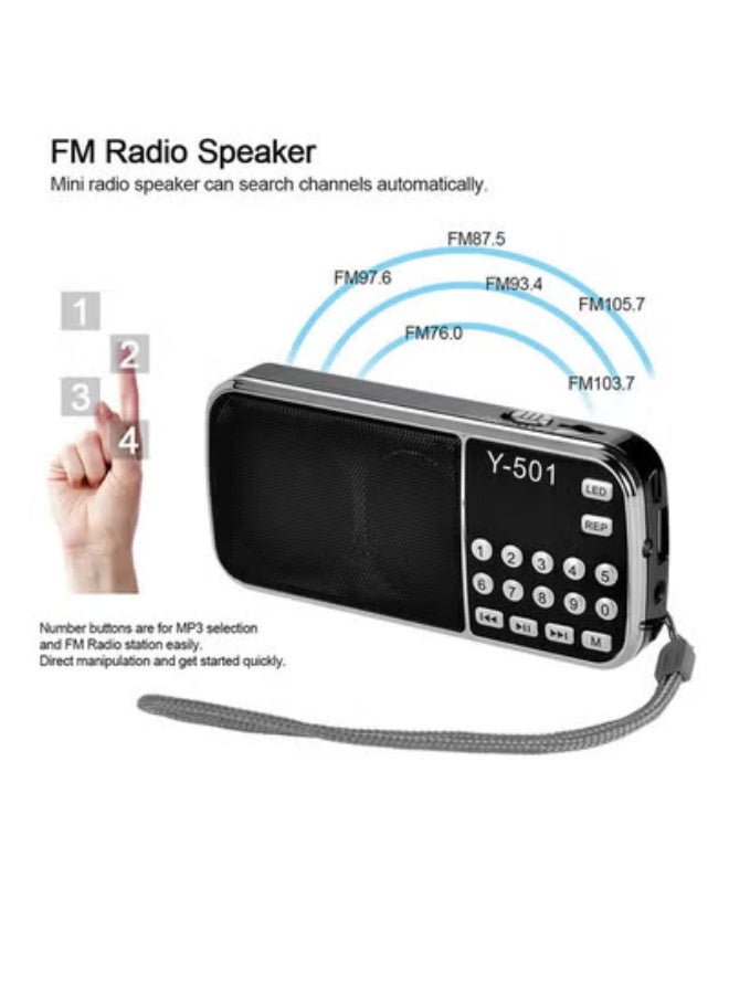 Y-501 Mini FM Radio Digital Portable 3W Stereo Speaker MP3 Audio Player High Fidelity Sound Quality w/ 0.75 Inch Display Screen LED Flashlight Support USB Drive TF Card AUX-IN Earphone-out - Image 3